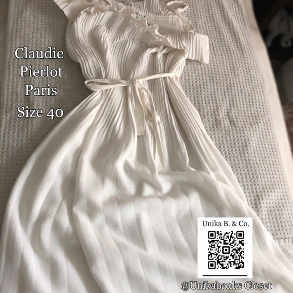 Claudie Pierlot Paris Cream Pleated Waist-Tie Dress